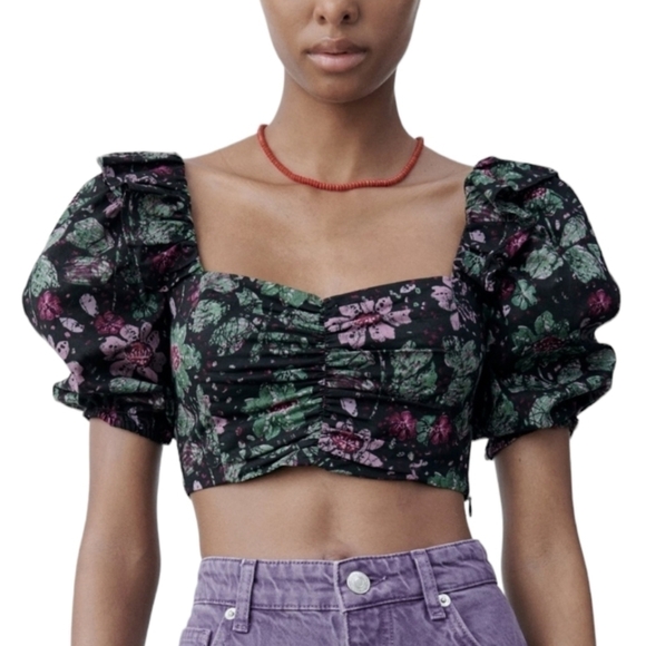 ZARA puff sleeve floral crop top vacation NWT - Picture 1 of 6